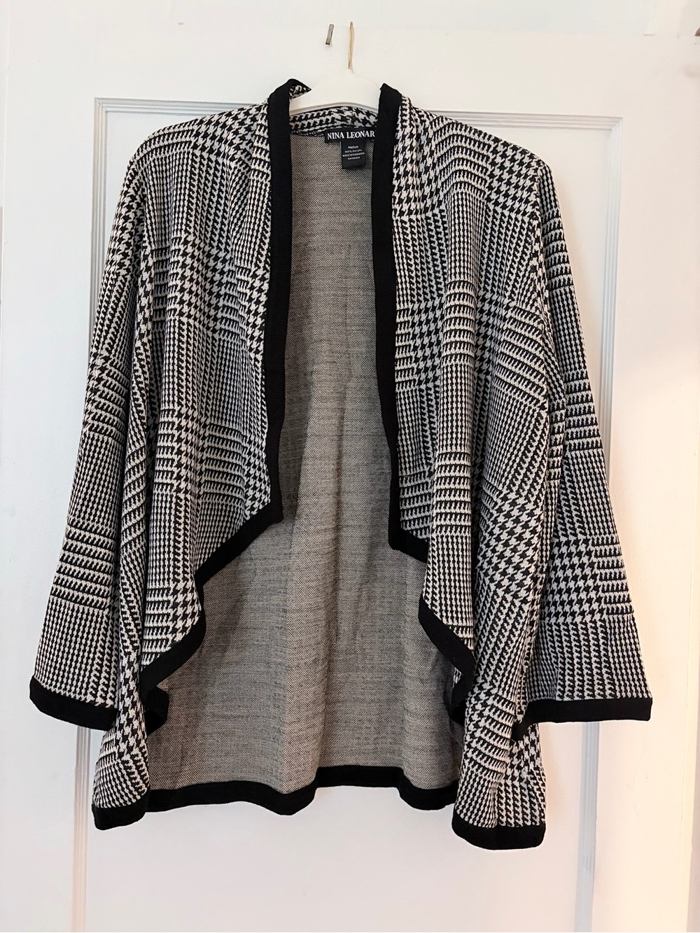 Nina Leonard Black and White Houndstooth Waterfall Cardigan